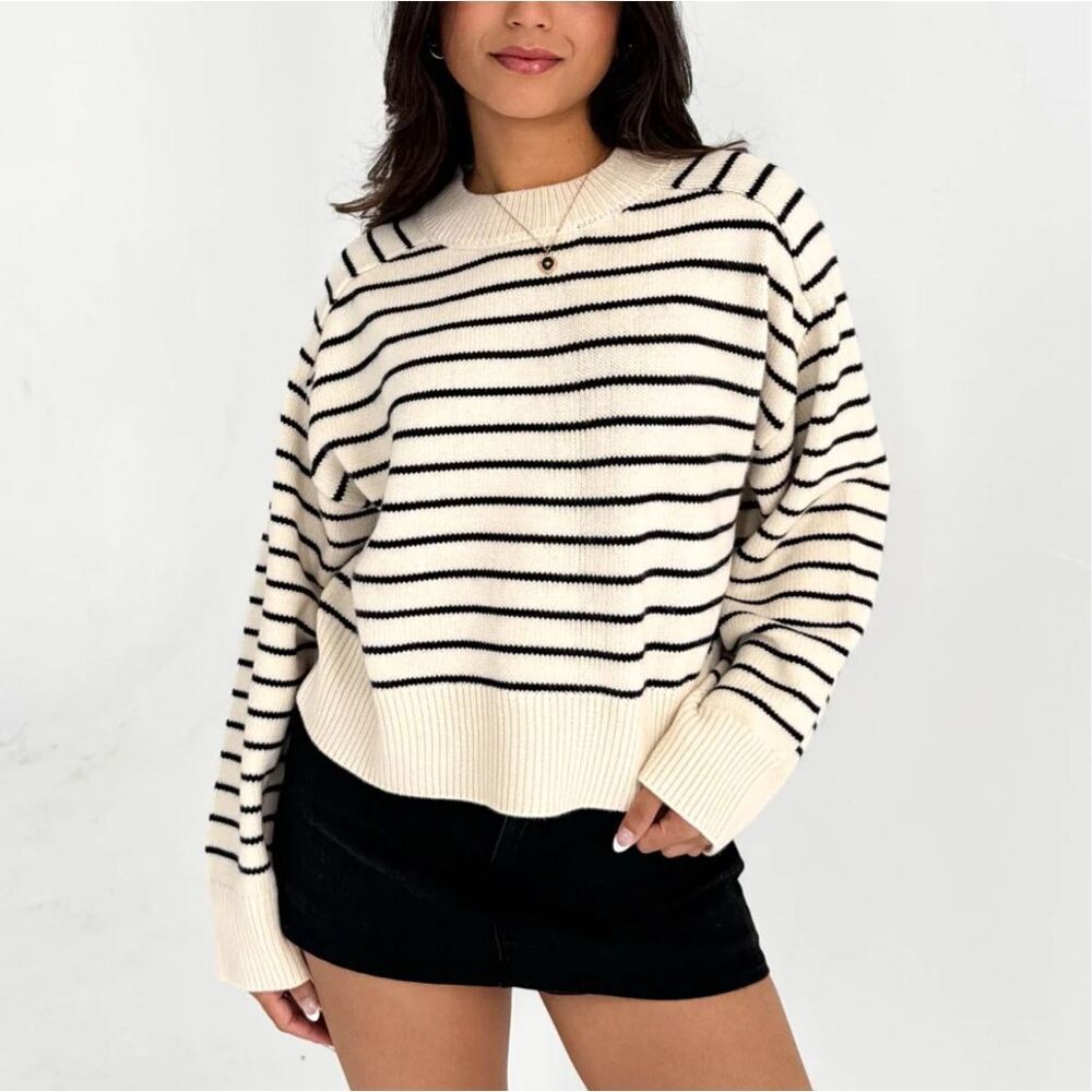 ZARA | Black Cream Ivory Knit Sweater Boxy High Neck Oversized | Size Medium